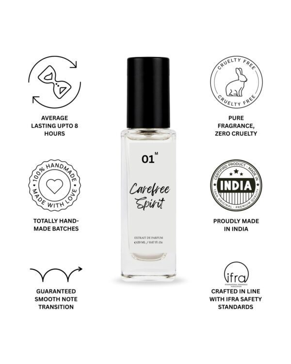 Carefree Spirit extrait de parfum bottle styled for daily wear and office safe use in Indian weather small 20ml