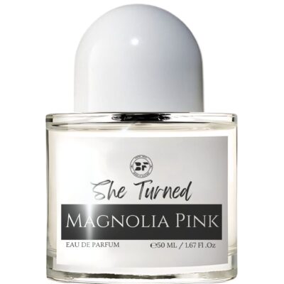 Perfume bottle of She Turned Magnolia Pink by Bois et Fleurs Parfums, highlighting notes of magnolia, blackberry, quince flower, passion fruit, and soft white musk.