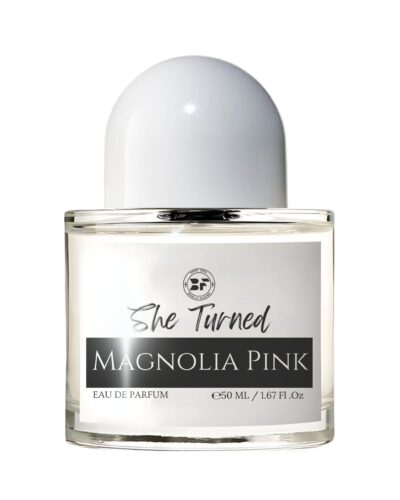Perfume bottle of She Turned Magnolia Pink by Bois et Fleurs Parfums, highlighting notes of magnolia, blackberry, quince flower, passion fruit, and soft white musk.