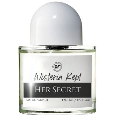 Perfume bottle of Wisteria Kept Her Secret by Bois et Fleurs Parfums, featuring notes of brambles, pear, blue wisteria, lychee, coconut water, and white musk.