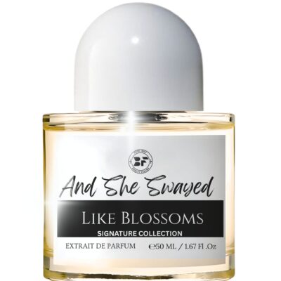 Perfume bottle of She Swayed Like Blossoms by Bois et Fleurs Parfums, featuring solar notes, peach, jasmine, lily, vanilla, and benzoin.