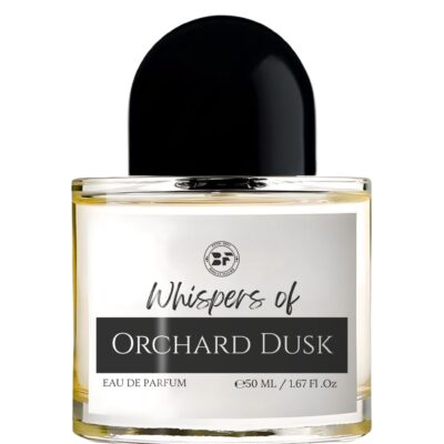 Perfume bottle of Whispers of Orchard Dusk by Bois et Fleurs Parfums, featuring notes of cinnamon, green apple, red mandarin, suede, and sandalwood.