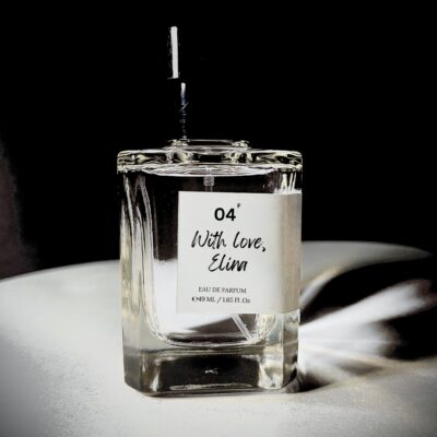 Perfume bottle of With Love, Elina by Bois et Fleurs Parfums, featuring notes of rhubarb, litchi, Turkish rose, peony, vanilla, and white musk.
