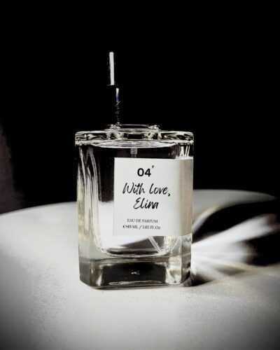 Perfume bottle of With Love, Elina by Bois et Fleurs Parfums, featuring notes of rhubarb, litchi, Turkish rose, peony, vanilla, and white musk.