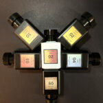 Black perfume bottles originally considered for Bois et Fleurs Parfums to differentiate from the white floral collection — ultimately set aside to let the natural beauty of the perfume juice remain visible.