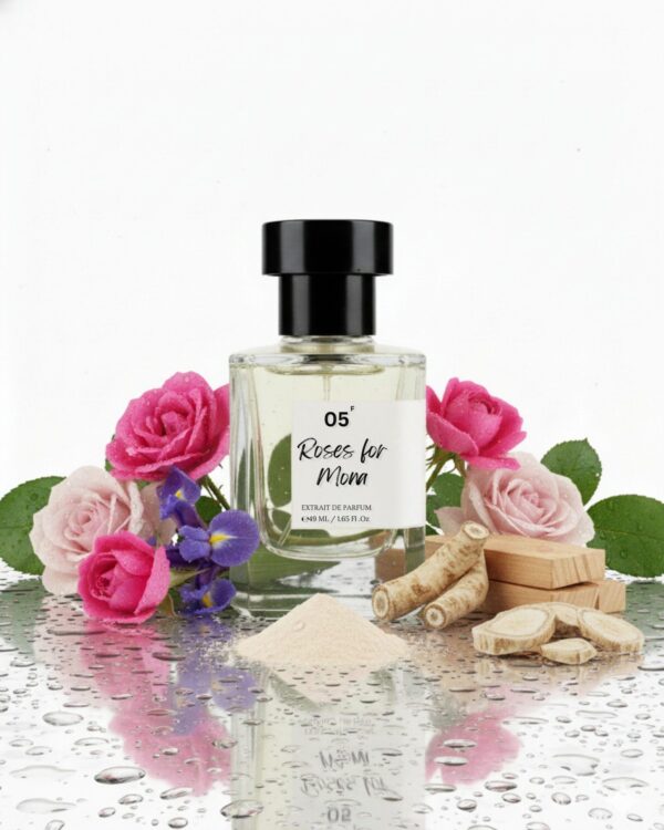 roses for mona with notes.jpg | Bois et Fleurs Parfums Roses for Mona rose extrait de parfum packaging and notes