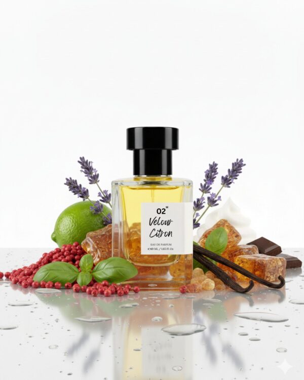 velour citron with notes.jpg | Bois et Fleurs Parfums Velour Citron perfume bottle close up with label – Bois et Fleurs Parfums