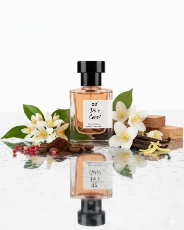 Gallery close-up of bottle/label: “Do I Care? jasmine coffee vanilla eau de parfum for women – dark sophisticated party perfume India” with ingredients
