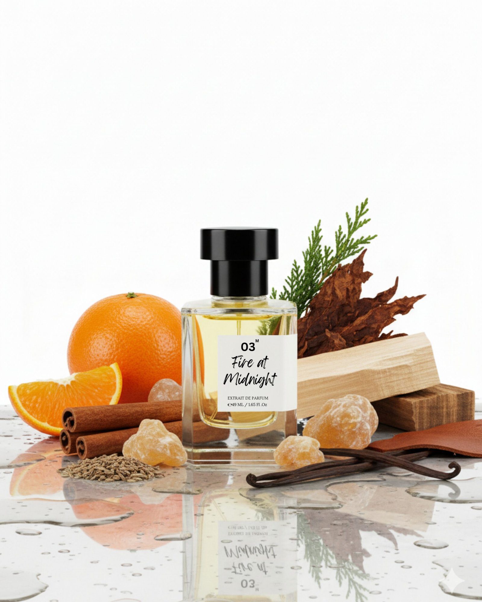 fire at midnight with notes defining.jpg | Bois et Fleurs Parfums Fire at Midnight luxury perfume packaging India with notes