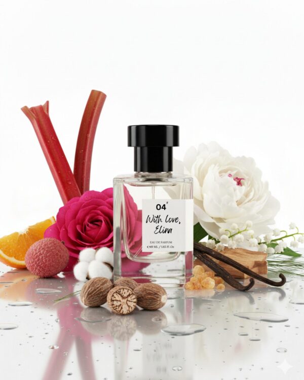 with love, elina with notes.jpg | Bois et Fleurs Parfums With Love, Elina fruity rose perfume bottle with notes