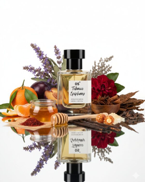 Close-up of Tobacco Epiphany perfume bottle and label with ingredients
